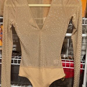 Tan Long Sleeve Bodysuit with Rhinestones